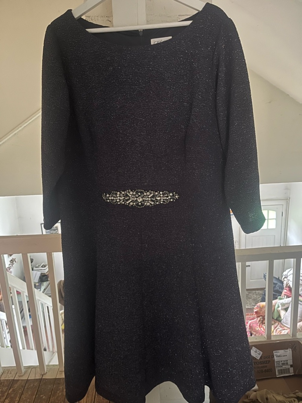 Eliza J Black Sparkle Long-Sleeve Jewel-Belt Dress